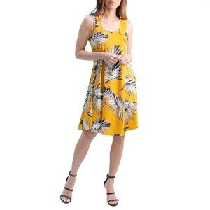 24/7 Comfort Apparel Womens Size Medium Sleeveless Leaf Print Shift Dress Yellow